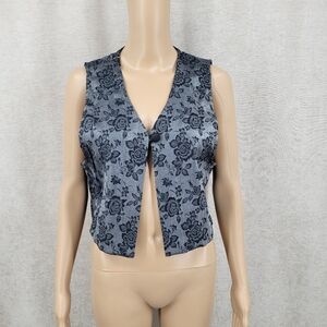 Vintage Satin Jacquard Floral Cropped Vest Metallic Gun Metal Silver Charcoal